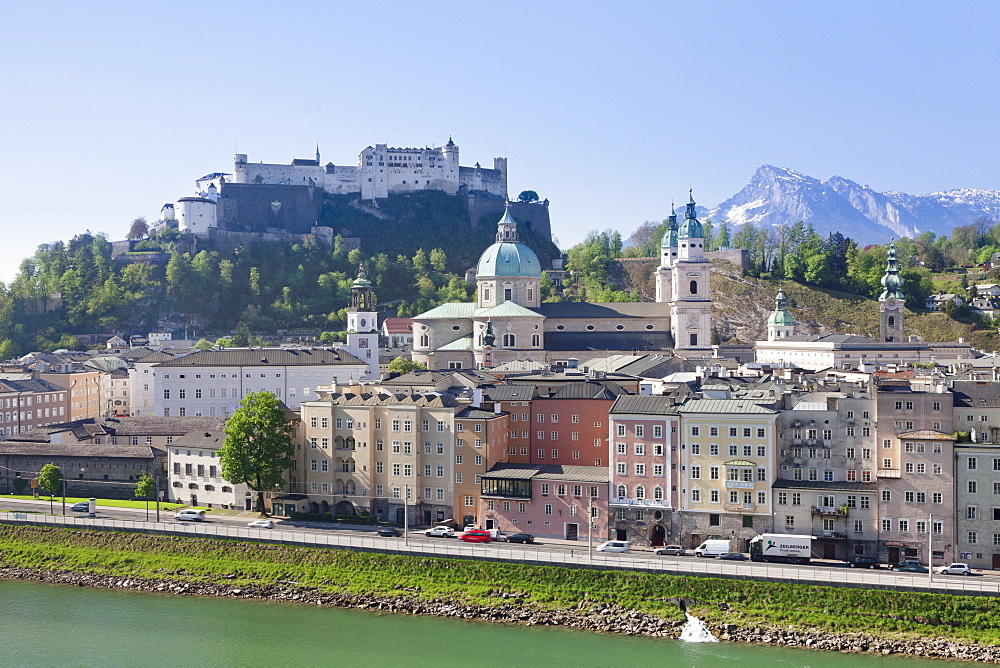 High angle view of the Old Town, UNESCO World Heritage Site, with Hohensalzburg Fortress, Dom Cathedral and Kappuzinerkirche Church, Salzburg, Salzburger Land, Austria, Europe 