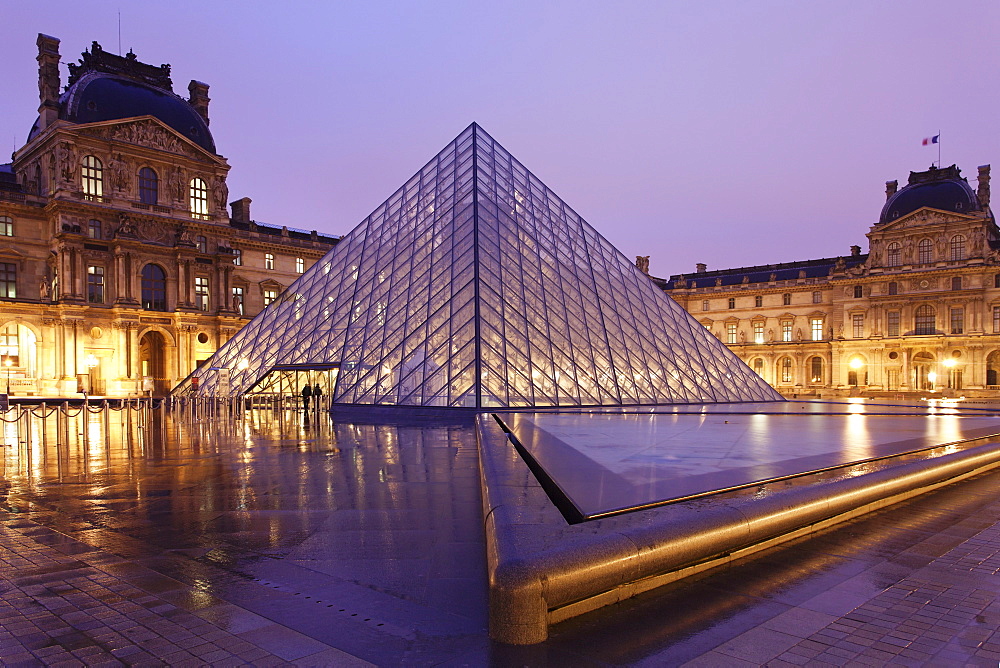 Illuminated Louvre Museum and Pyramid at night, Paris, Ile de France, France, Europe