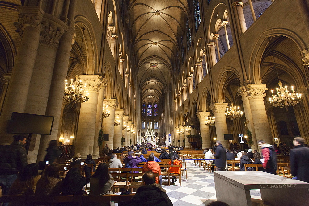 Inside of Notre Dame cathedral, Paris, Ile de France, France, Europe