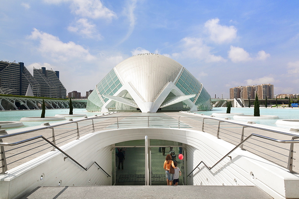 Entrance to  IMAX Cinema, Hemisferic, City of Arts and Sciences (Ciudad de las Artes y las Ciencias), Valencia, Spain, Europe