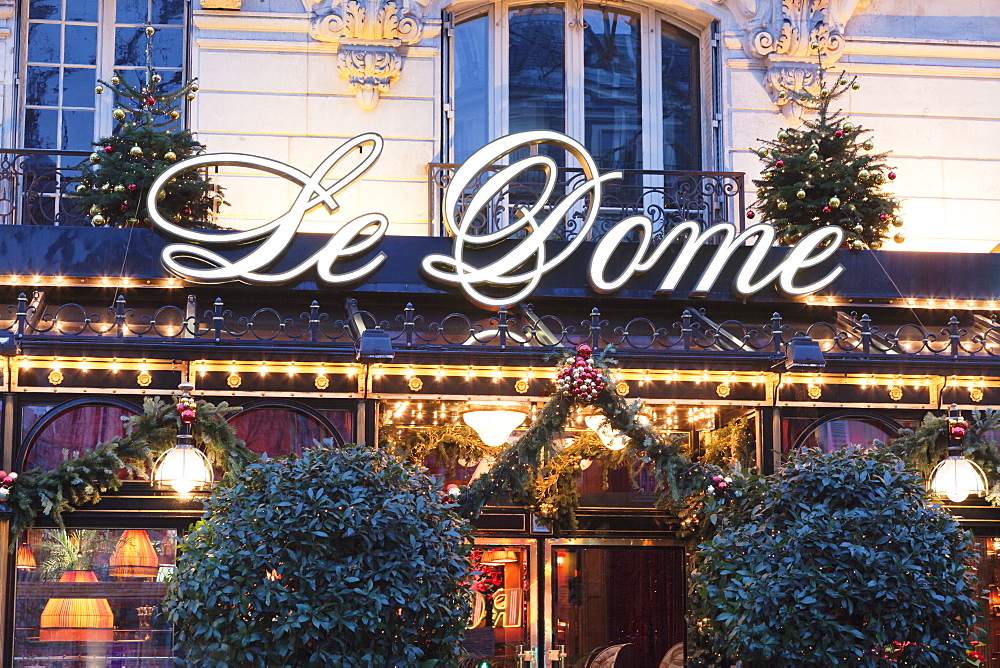 Cafe Le Dome at Christmas season, Montparnasse, Paris, Ile de France, France, Europe