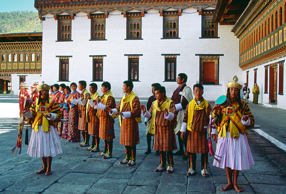 Royal palace processional musicians at |Tashichho Dzong,Thimpu, Bhutan