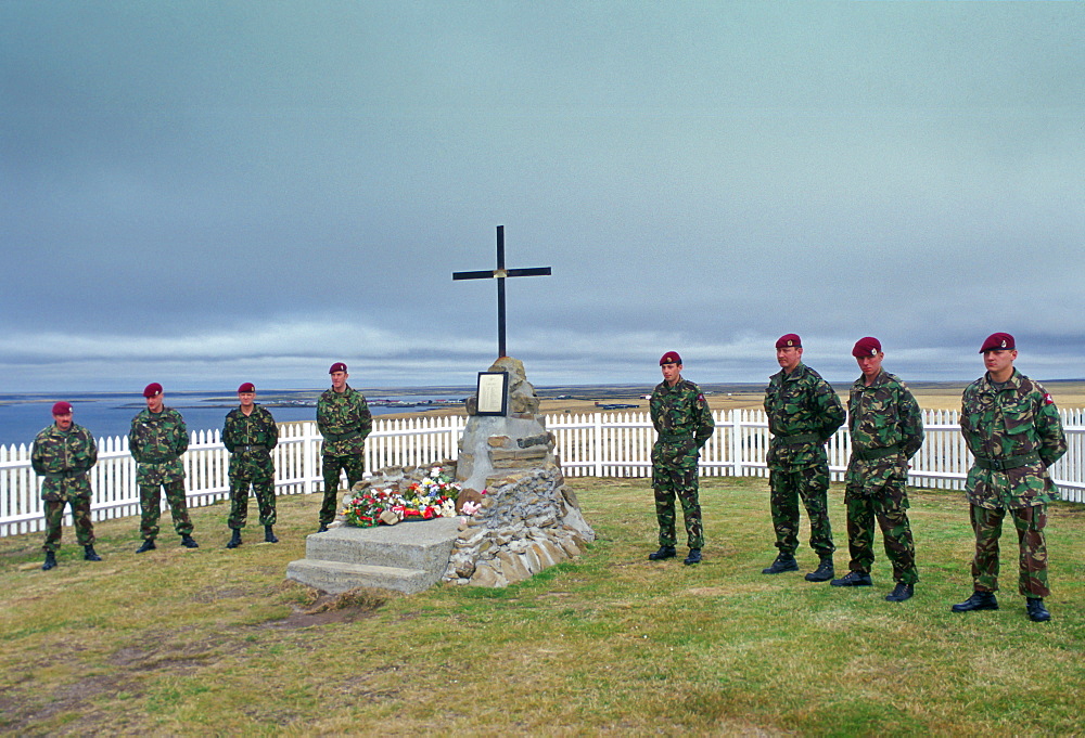 Soldiers of 2nd Battalion Parachute Regiment at 2 Para Memorial  at Goose Green, Falkland Islands