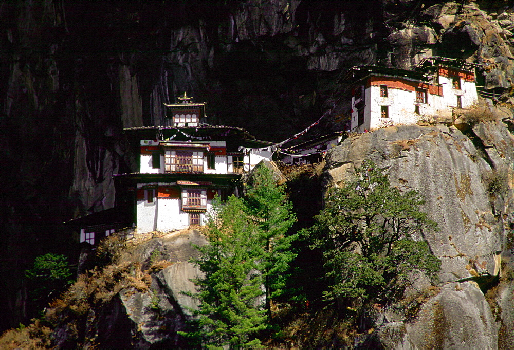 The Tak Tsang (Tiger's Nest) Buddhist monastery nestled on the granite cliffs above Paro, Bhutan.