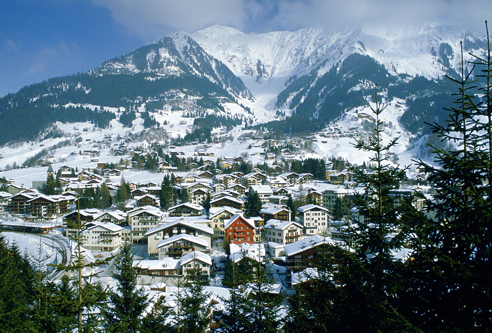 Luxury ski resort Klosters nestling at the foot of the Swiss Alps, Swizerland