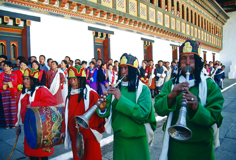 Musicians of the royal procession in Tashichho Dzong in Thimpu, the capital of Bhutan