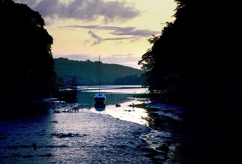 A view at dawn of a sailing boat moored at low tide on the Helford River at Trelowarren Mills, Cornwall, United Kingdom.