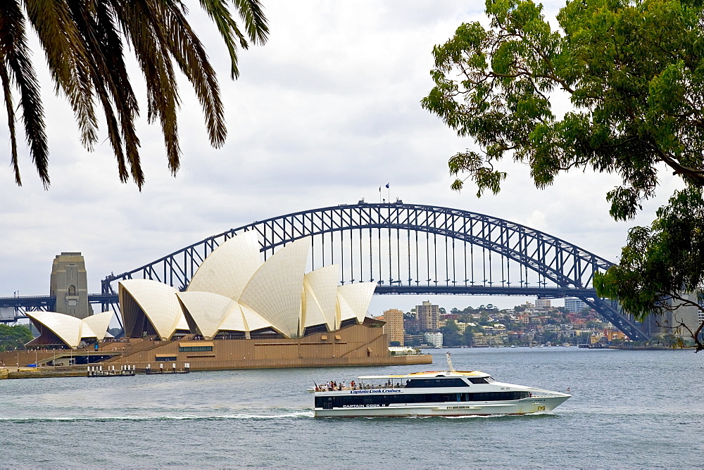 Cruise ship passes by Sydney Opera House and Sydney Harbour Bridge, Australia