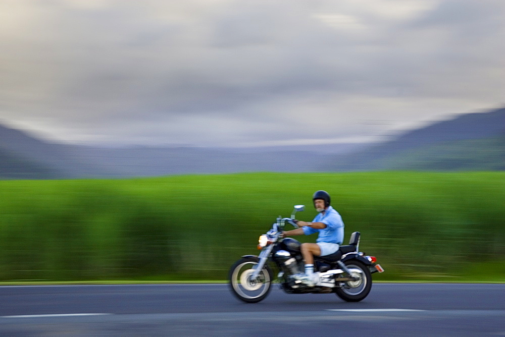 Motorcyclist passes sugar cane field at Freshwater Connection, Australia