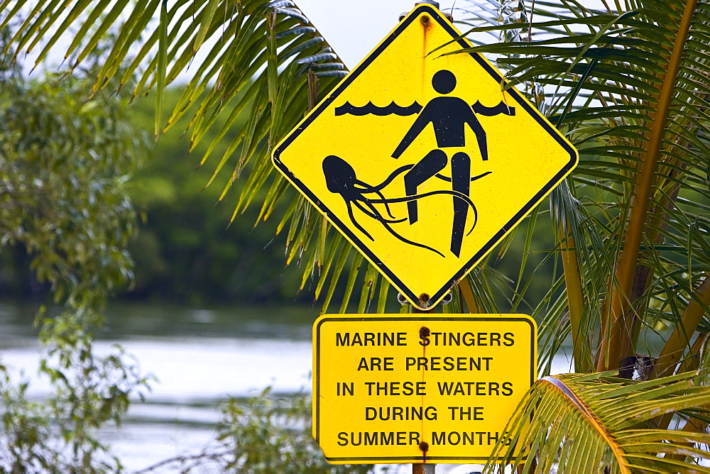 Marine stingers warning sign on Myall Beach by Cape Tribulation, Queensland, Australia