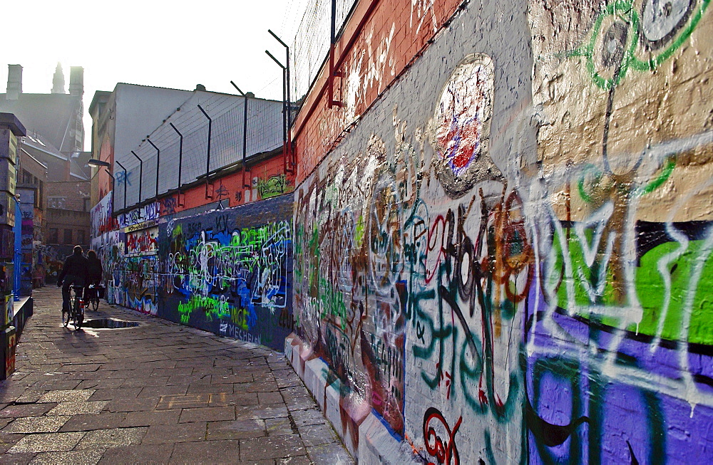 Graffiti on walls  in Werregaren Straat, Ghent, Belgium