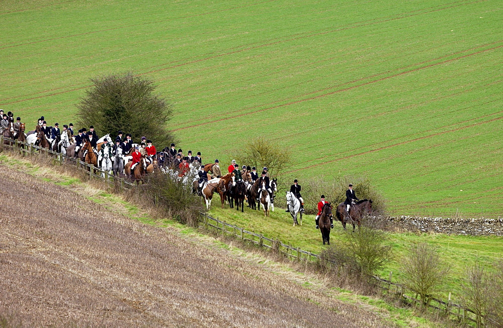 Huntsmen gather for a meet at the Heythrop New Year's Day Hunt, Oxfordshire