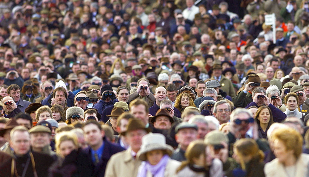 The Cheltenham Festival crowd watching the big race of the day, Cheltenham, Gloucestershire, UK