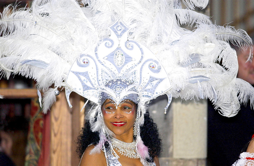 Dancer in exotic headdress at Dancebase in Edinburgh, Scotland