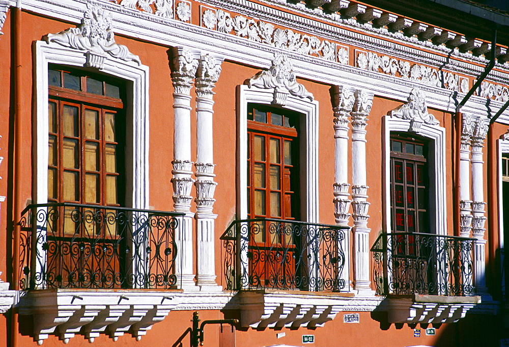 Sunlight on Neoclassical architecture of a building in Colonial Quito, Ecuador, South America