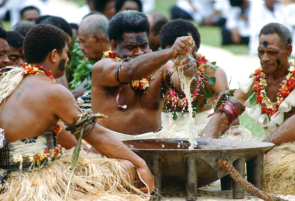 Preparing traditional Kava drink at ceremony, Fiji, South Pacific