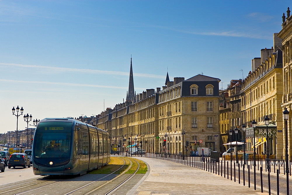 Public transport tram system runs in old Bordeaux, France.