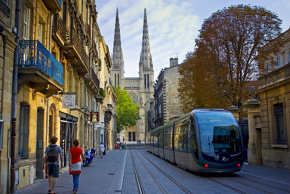 New public transport ttram system by St Andre Cathedral, Bordeaux, France.