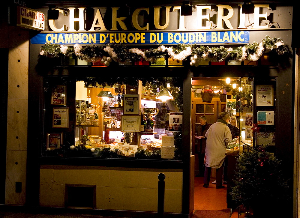 Charcuterie meat shop window in Rue Dauphine, Left Bank, Paris, France