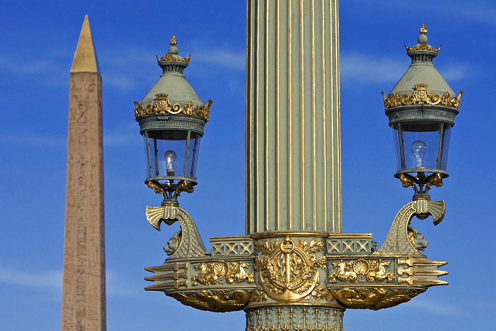 Streetlight and Obelisk of Luxor in Place de la Concorde, Paris, France