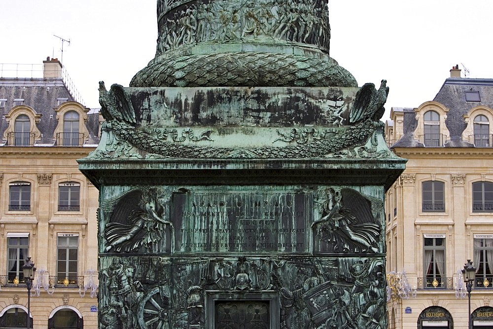 Base of La Colonne Vendôme, staue of Napoleon, Place Vendôme, Paris, France