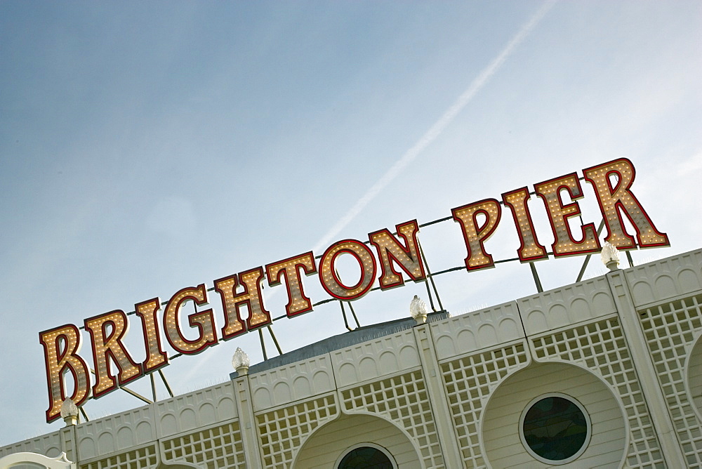 Brighton pier sign, England, United Kingdom