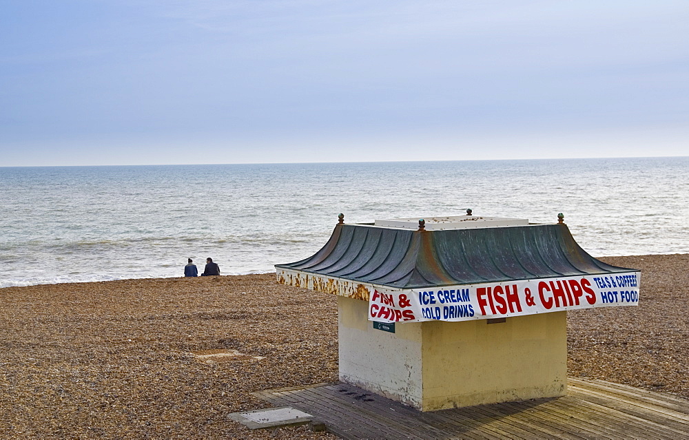 Fish and chip shop on Brighton beach out of season, South Coast of England, United Kingdom