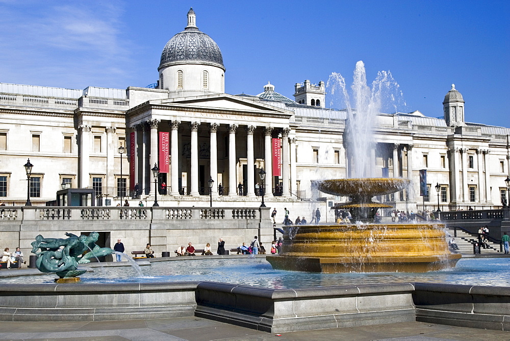 Fountains in front of National Gallery in Trafalgar Square, London, United Kingdom