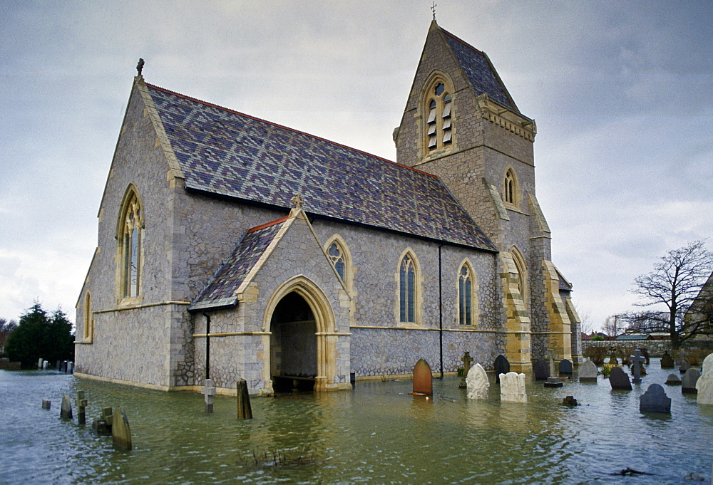 Flooded church and graveyard, United Kingdom