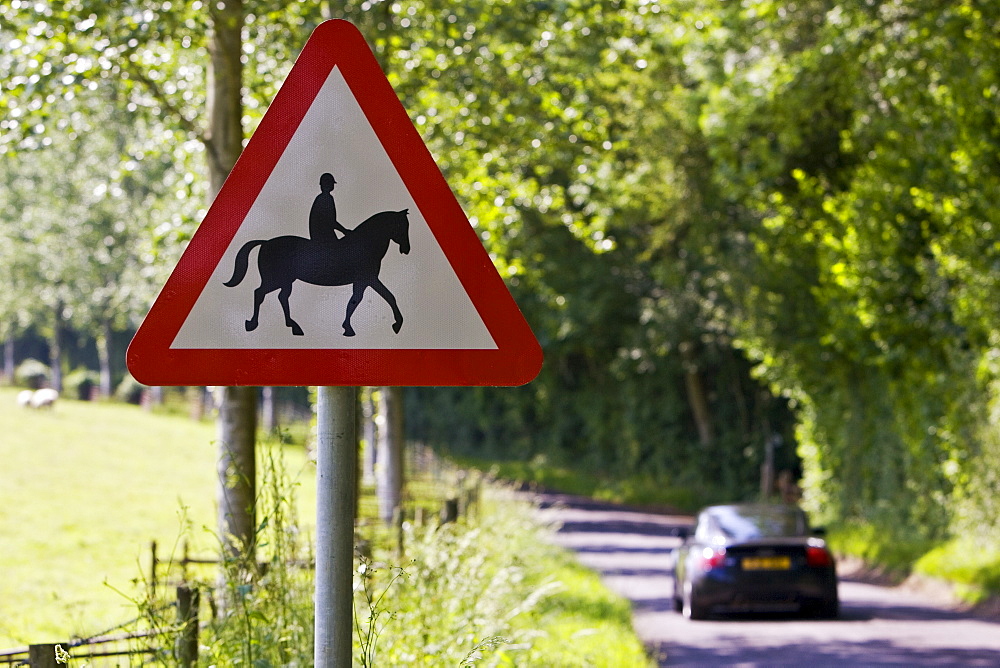 Car passes Accompanied horses or ponies warning sign by roadside, Dorset, UK