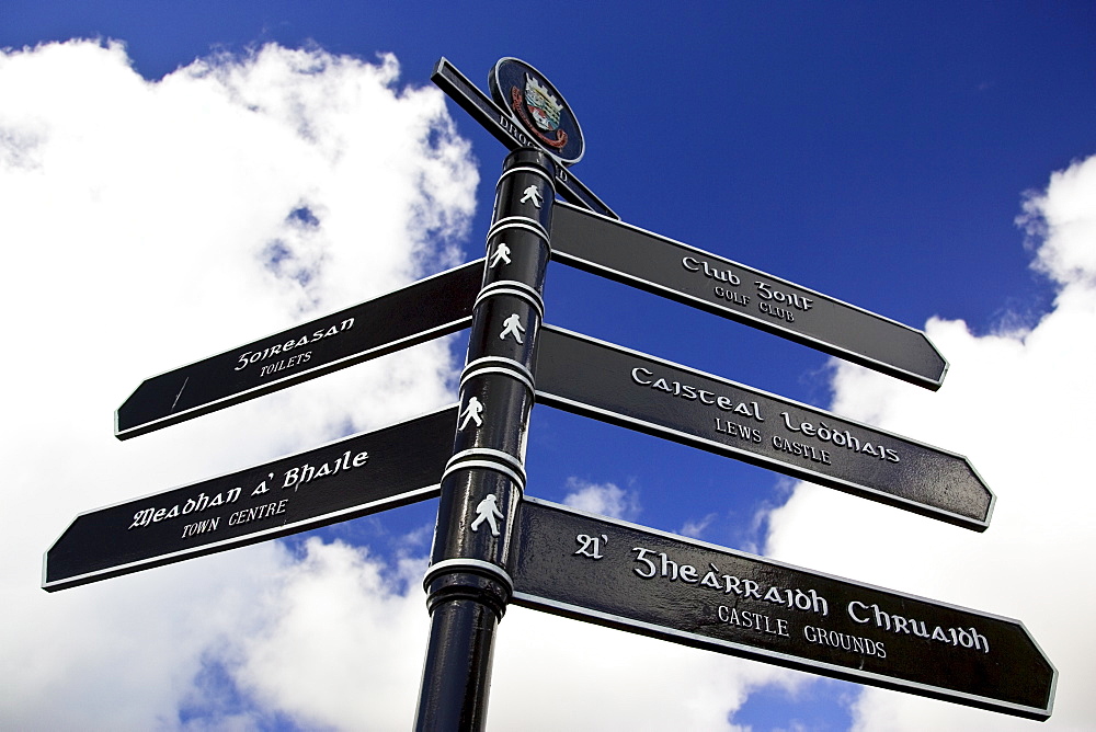 Bilingual road sign English and Scottish Gaelic directions, Stornoway, Outer Hebrides, UK