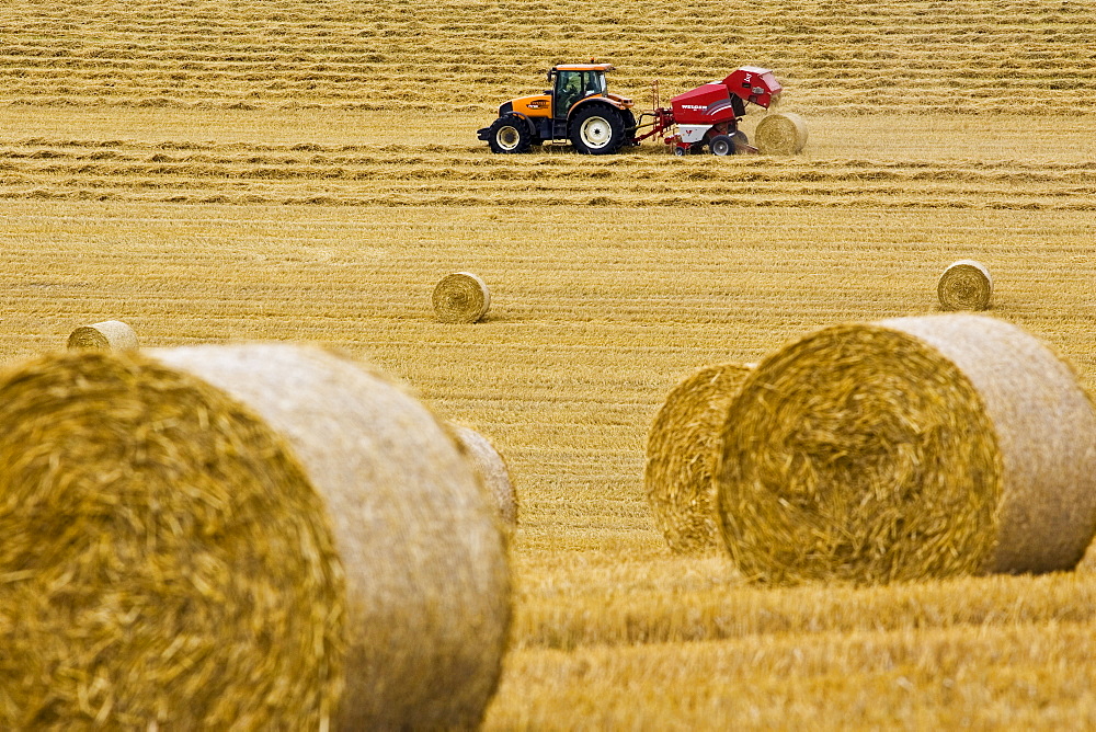 Tractor pulls a round baler to create straw bales, Cotswolds, United Kingdom