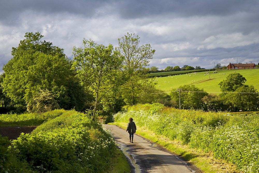 Women walks down a country lane, Oxfordshire, United Kingdom