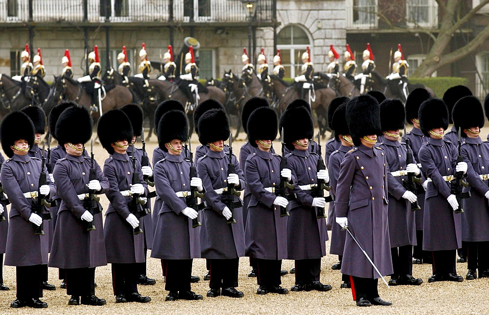 Guard of Honour parade of guardsmen soldiers on Horse Guards Parade in London, England