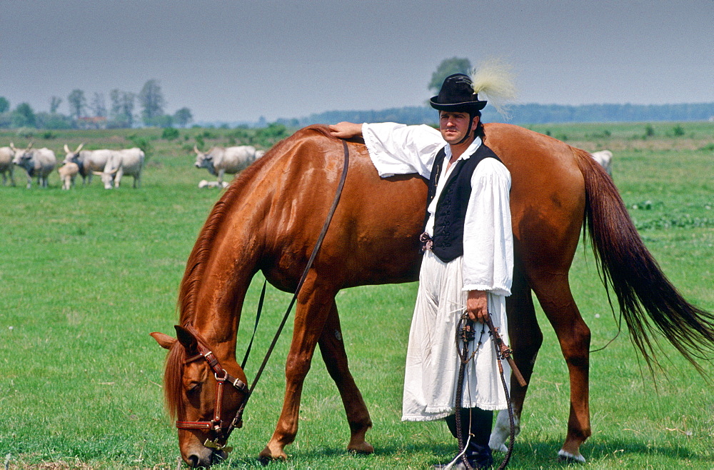 Traditional Csikos Cowboy with his horse on the Great Hungarian Plains in Bugac, Hungary.