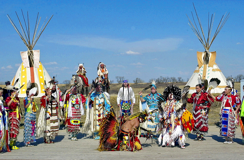 Canadian Plains First Nation Indians at cultural display at Wanuskewin Heritage Park in Saskatoon, Canada