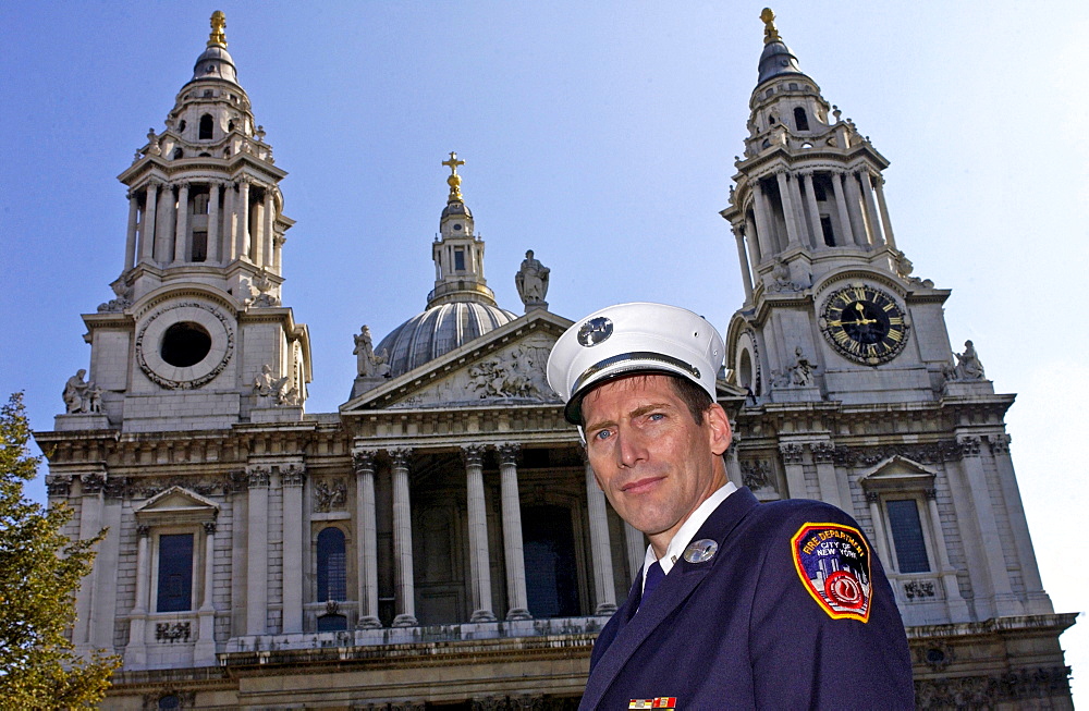 A fireman from the City of New York Fire Department attending a special Service of Remembrance and Commemoration at St Paul's Cathedral today which was held in honour of those who died in the terrorist attacks that struck New York, Washington and Pennsylvania on September 11th 2001.