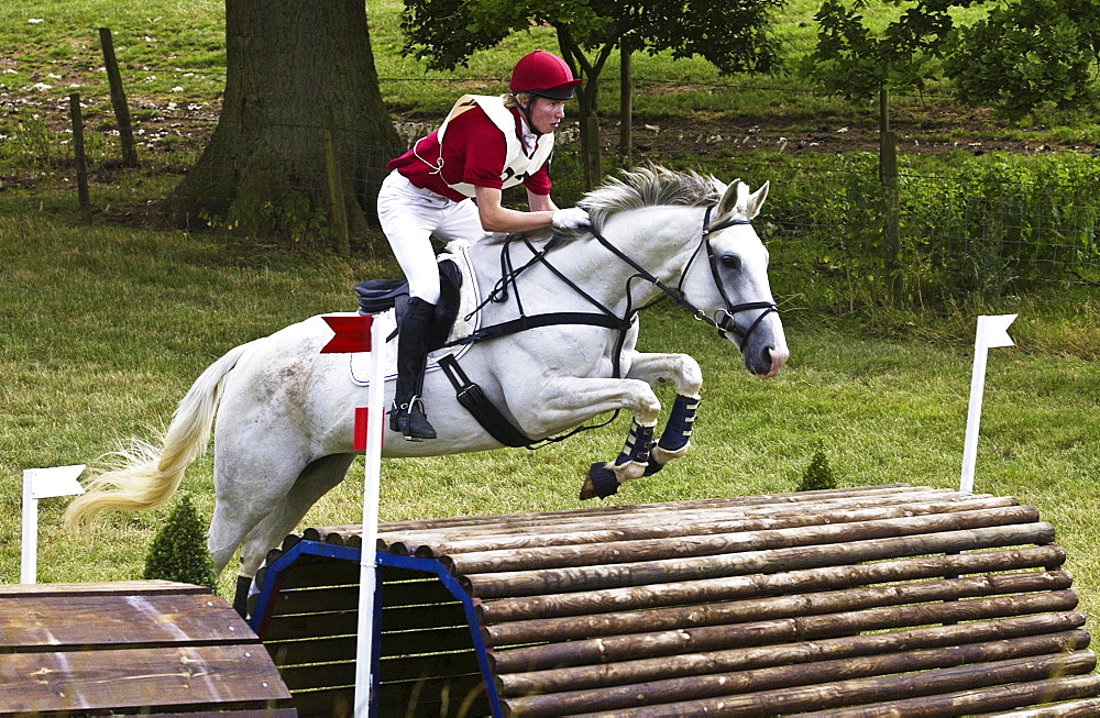 Young man rides a grey mare horse cross country  at eventing competition, Oxfordshire, United Kingdom