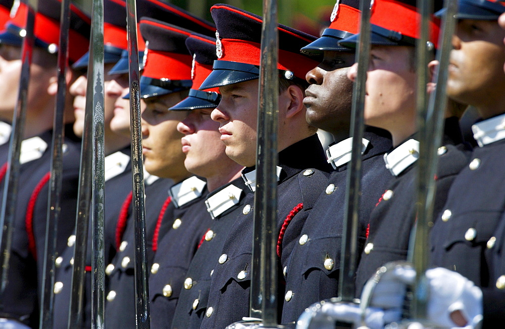 Officer cadets at the Passing Out Parade at Sandhurst Royal Military Academy, Surrey.