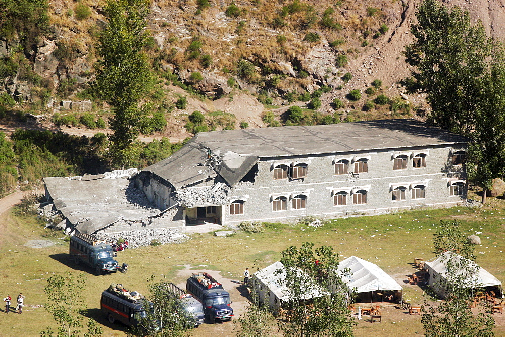 Buildings demolished in earthquake devastated area of Azad Jammu Kashmir, in village of Pattika, Pakistan