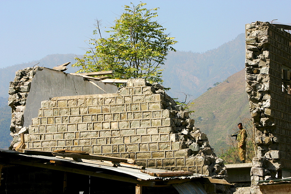 Buildings demolished in earthquake area of Azad Jammu Kashmir, in village of Pattika, Pakistan