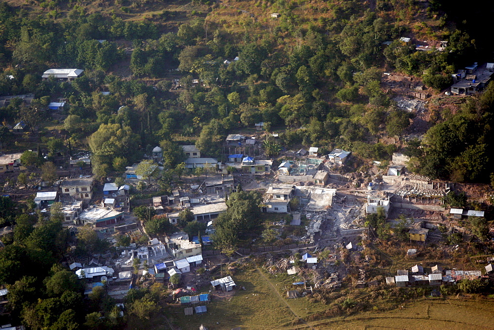 Demolished buildings seen from helicopter  in earthquake area of Azad Jammu Kashmir, Pakistan