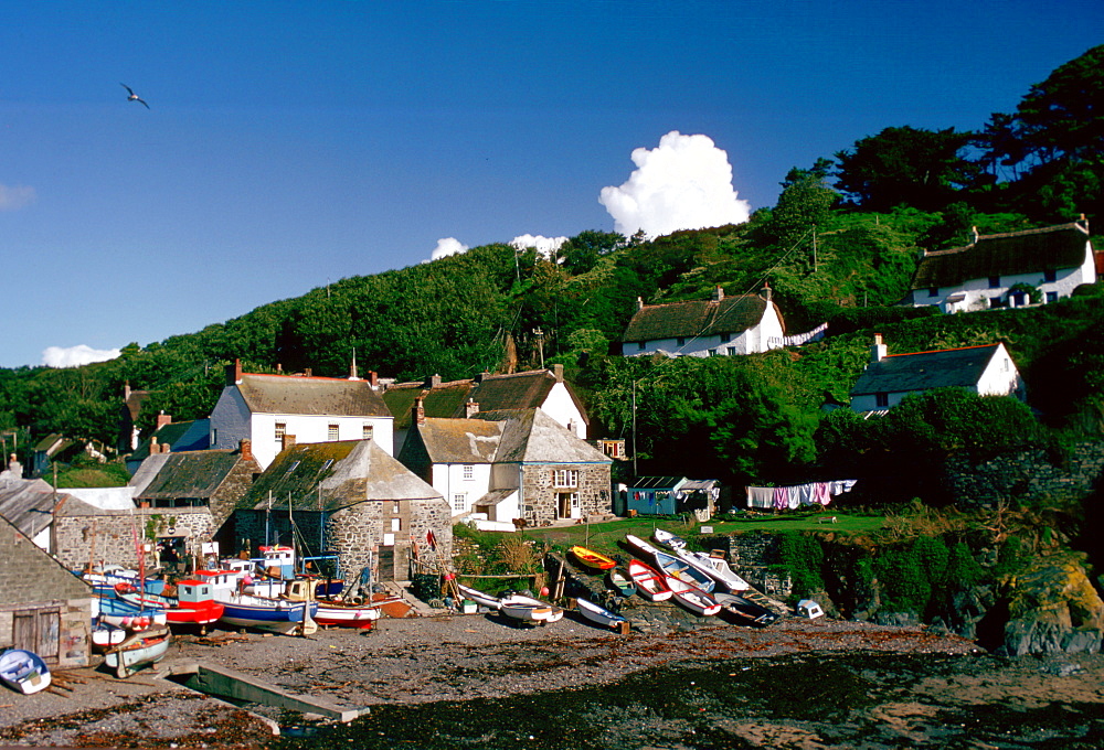 Boats on the beach in the fishing village of Cadgwith in Cornwall, South West England