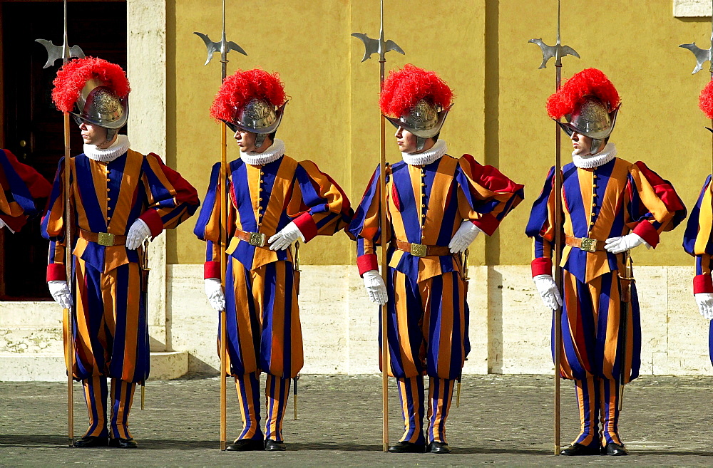 Swiss Guards in traditional livery uniform at the Vatican, Vatican City