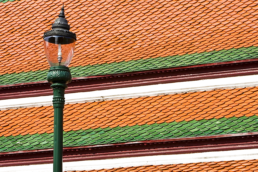 Roofs and street lamp inside The Grand Palace and Temple Complex, Bangkok, Thailand