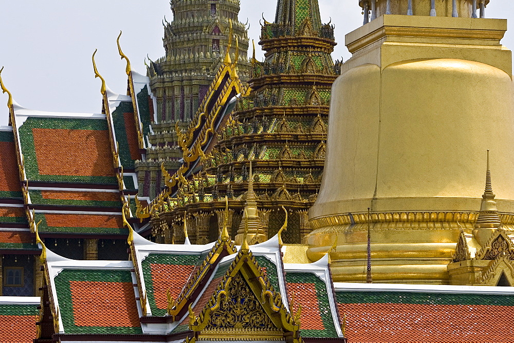 Roofs of the Prasat Phra Thep Bidon and Phra Sri Ratana Chedi, Bangkok, Thailand.