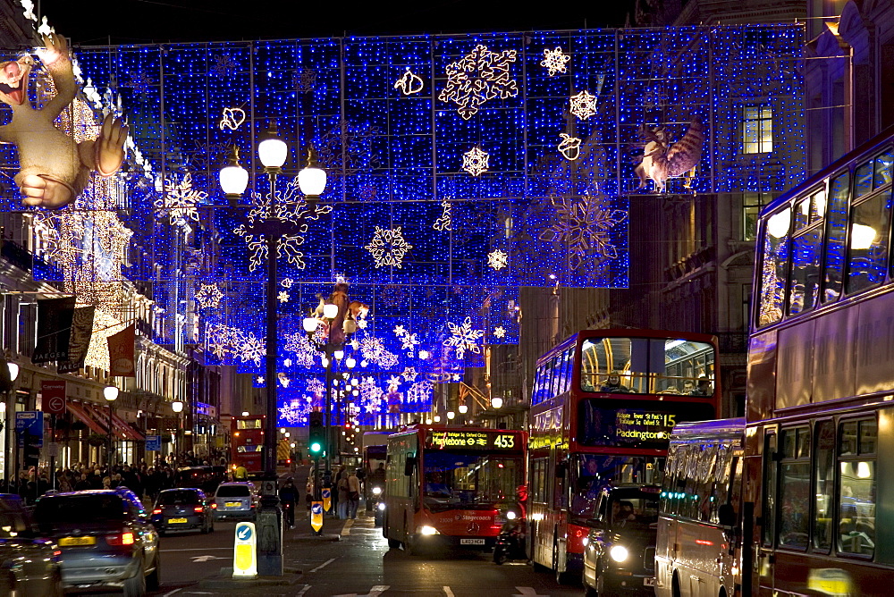 Christmas decorations and traffic in Regent Street, London, United Kingdom