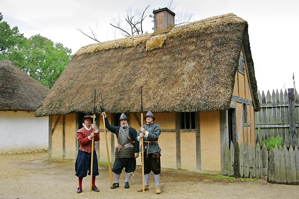 Historical performers in costume in re-created colonial fort, Jamestown, Virginia, United States of America