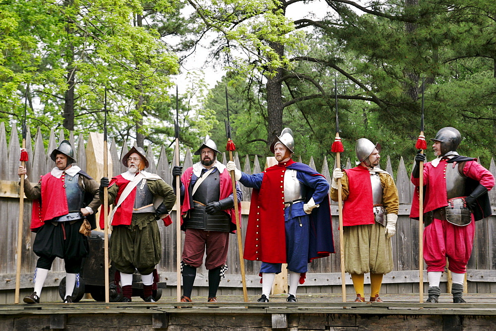 Historical performers in costume in re-created colonial fort, Jamestown, Virginia, United States of America