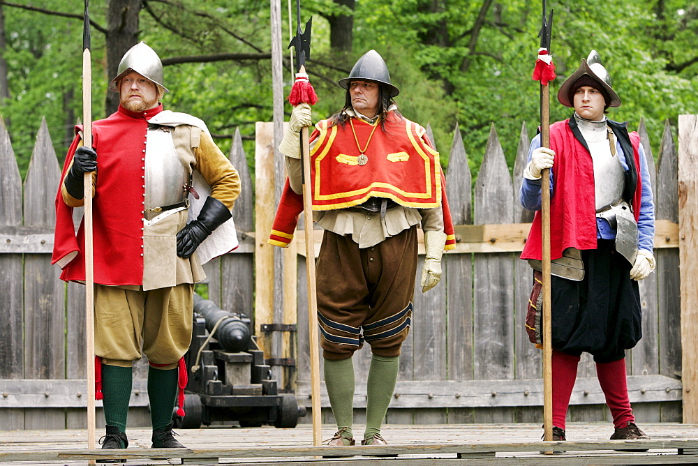 Historical performers in costume in re-created colonial fort, Jamestown, Virginia, United States of America